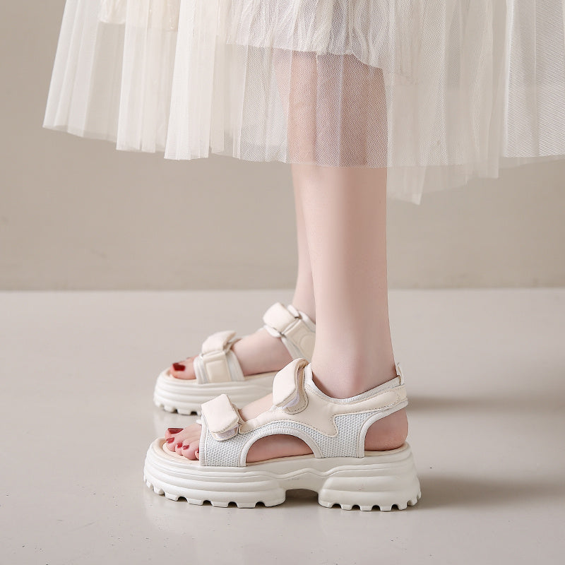 Women'S Retro Style Summer Sandals - Soft PU Cover Open-Toe Flat Slippers with Thick Cushioned Sole, White & Beige Straps, Breathable Fabric Lining for Indoor\u002FOutdoor Casual Wear, Ladies Sandals