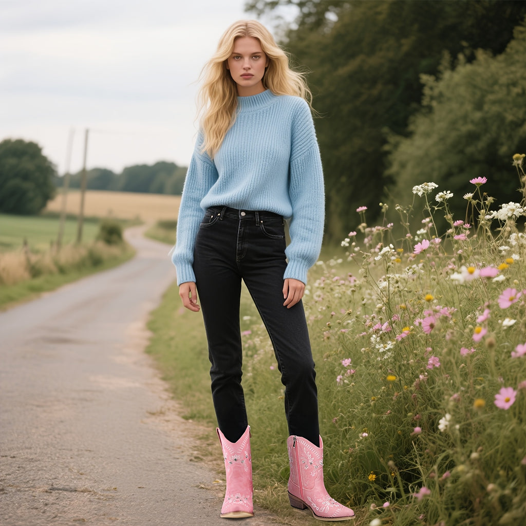 Women's Embroidered Mid-Calf Cowboy Boots with Rhinestones, Square Toe, and Chunky Low Heel - Comfortable Pull-On Western Ankle Boots for Casual Parties