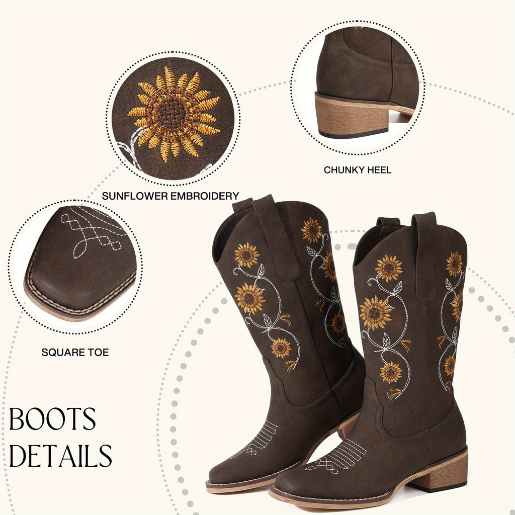Cowboy Boots for Women- Mid Calf Western Sunflower Cowgirl Boots with Floral Embroidery, Square Toe Stitched Pull On Retro Design, Perfect for Country Idyll, Concerts and More, brown