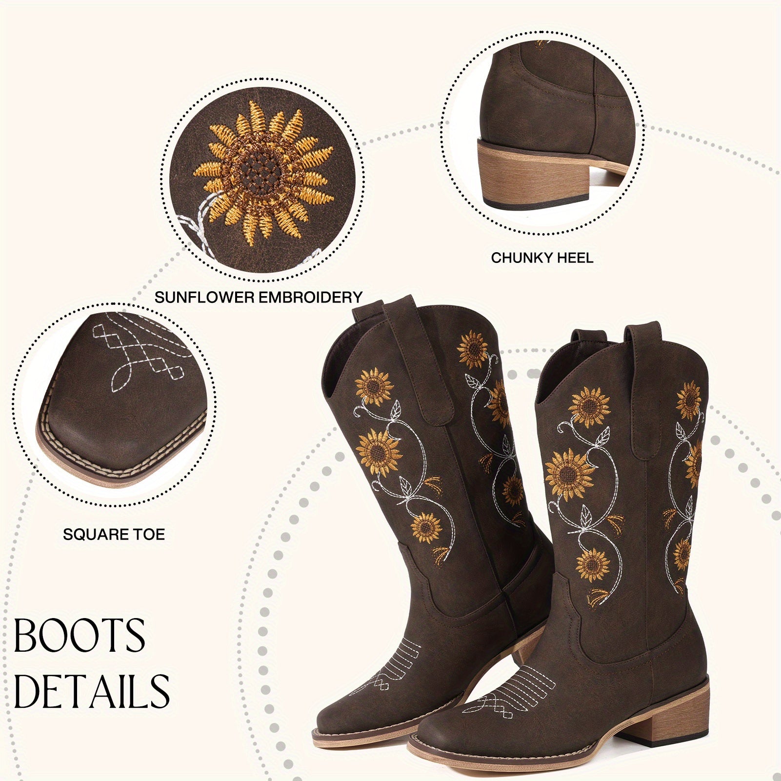 Cowboy Boots for Women- Mid Calf Western Sunflower Cowgirl Boots with Floral Embroidery, Square Toe Stitched Pull On Retro Design, Perfect for Country Idyll, Concerts and More, brown