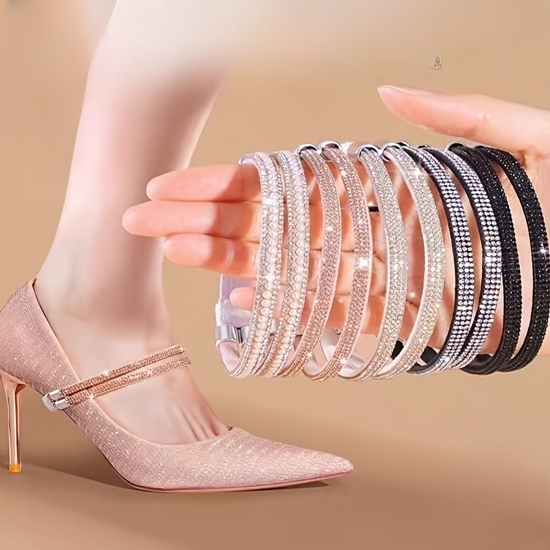 2pcs of Sparkly High Heel Shoe Laces to Prevent Heels from Falling Off, Shoe Laces for Installation, Women'S Single Shoes And Sandals Without Tying Fixed Straps, Anti-Slip Heel Clips, Adjustable Non-Slip Heel Clips\u002FShoe Accessories, Without Battery