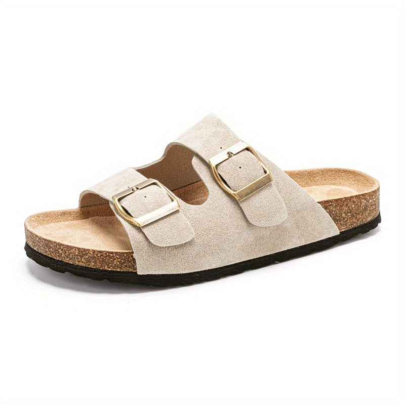 Women's Retro Slip-on slides shoes - Open Toe beach sandals with one Metallic buckle Strap, Cushioned PU\u002FRubber Sole - Casual to Formal Footwear in Beige\u002F Brown\u002FBlack\u002FRed\u002F - Vintage Everyday Slide Shoes