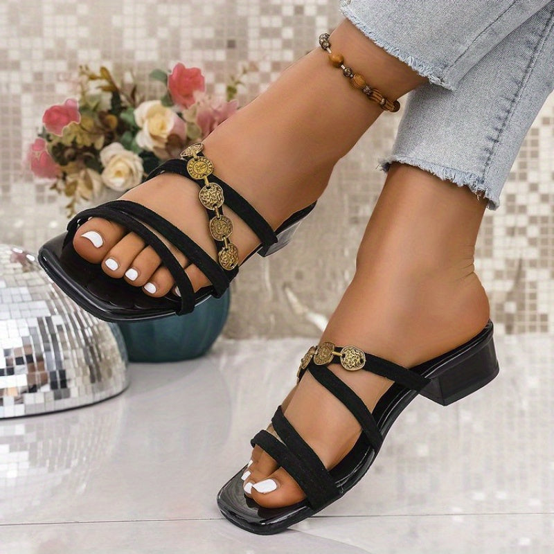 French Retro Roman Style Women's Slip-On Open-Toe Sandals - Black Synthetic Cover with Golden-Tone Metal Buckle, Low Heel for Summer Beach Vacation & Outdoor Comfort