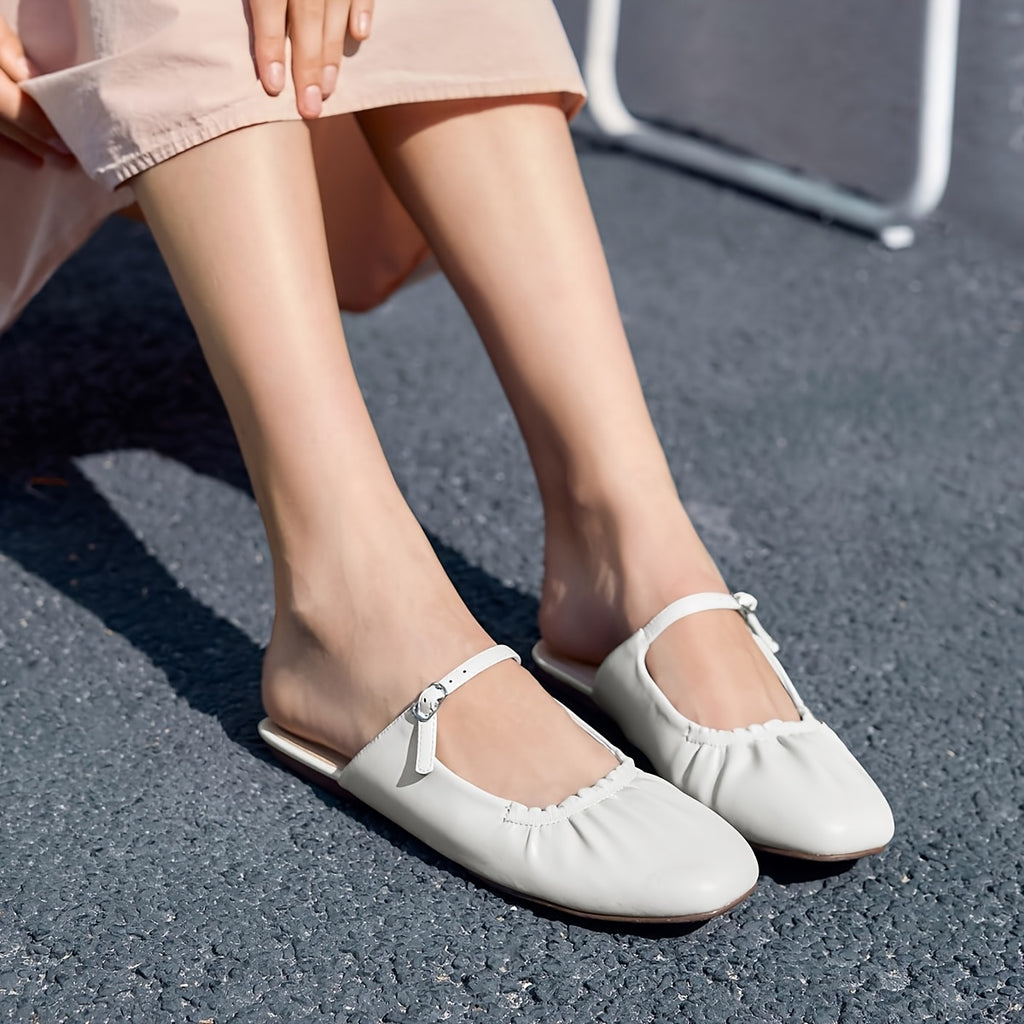 Womens Mules Mary Jane Flats Closed Toe Pleated Slip On Shoes Dressy Casual Slides