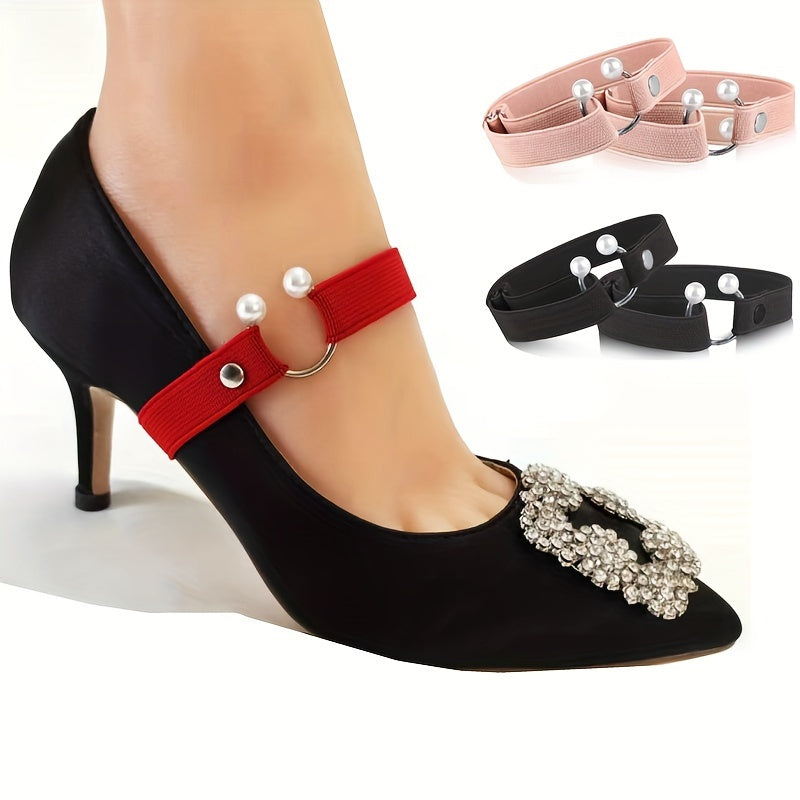 2pcs Adjustable High Heel Shoe Straps with Pearl & Rhinestone Accents - Elastic Ankle Tie Bands in Red, Black, and Pink for Secure, Stylish Fit, Shoe Accessories