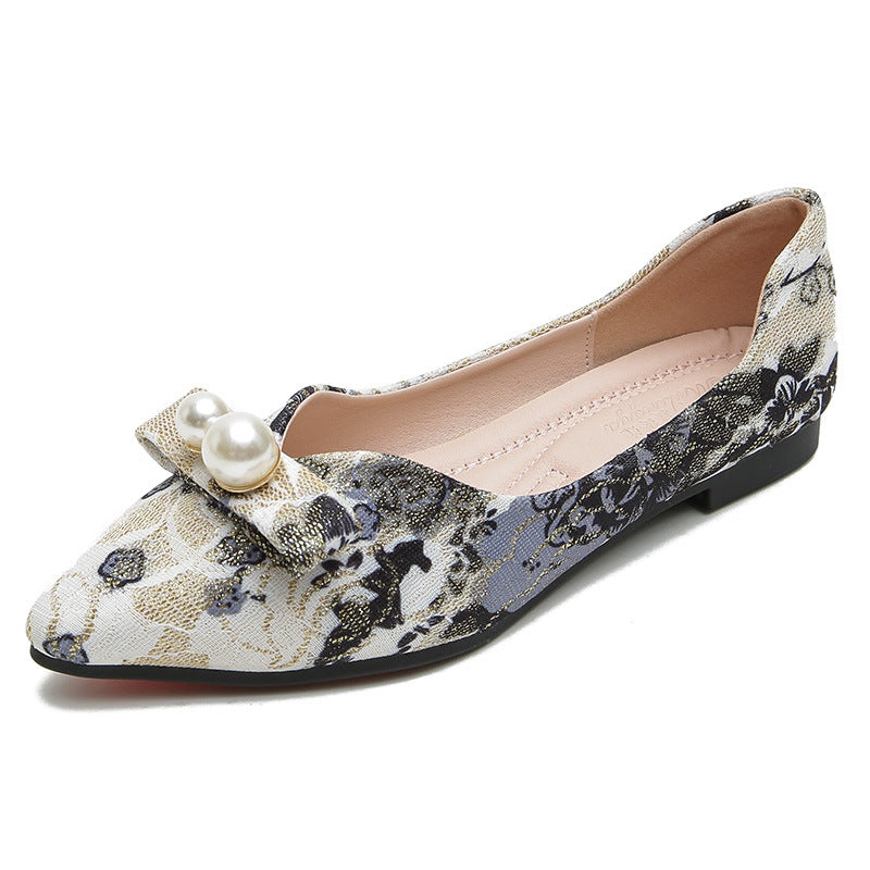 Women's Vintage Chinese Floral Printed Slip-On Flat Shoes - Pointed Toe with Buttons, Breathable Mesh Lining & Arch Support, Spring Casual to Semi-Formal Low-Cut Flats (Pink\u002FBlack Floral Pattern, Beige) - Hand Washable Rubber Sole