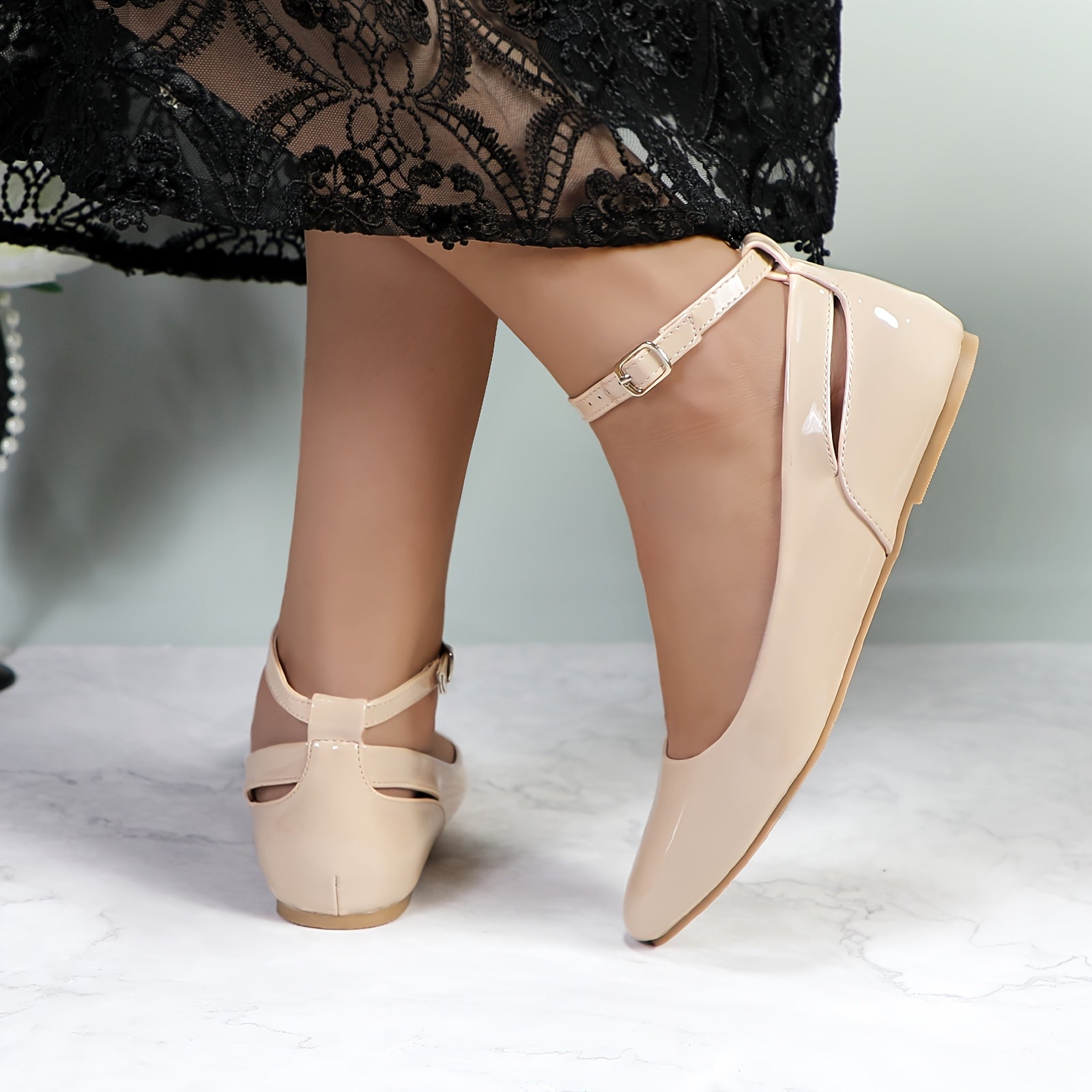 GLAZE Women's Ballet Flats with Low Wedge Heel & Ankle Strap - Pointed Toe Comfortable Casual Shoes, Glossy PU Cover for Weddings, Campus Events & Parties, Ballet Shoes, Durable Md Sole