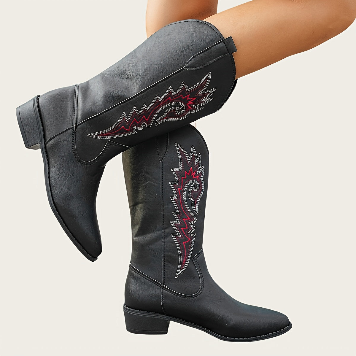 Women's Slip-On Mid-Calf Boots with Red accent - Cushioned Insole & Non-Slip PVC Outsole - PU Cover Boots for Everyday, Western, Formal Events - Easy Slip-On Closure, Casual Footwear, Ethnic Embroidery, Comfortable Lining, Chunky Heel, Everyday Wearers