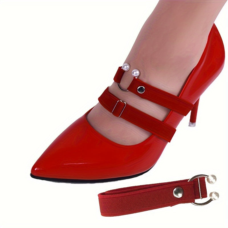 2pcs Adjustable High Heel Shoe Straps with Pearl & Rhinestone Accents - Elastic Ankle Tie Bands in Red, Black, and Pink for Secure, Stylish Fit, Shoe Accessories