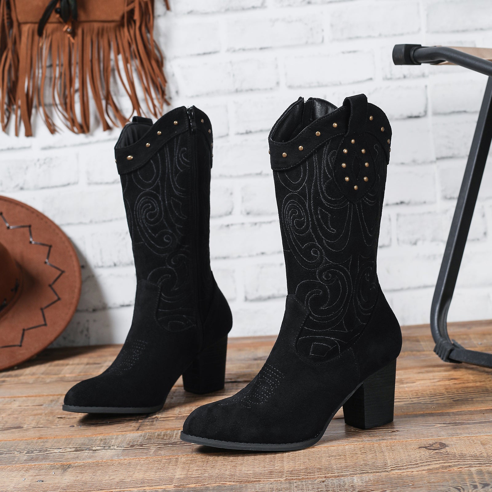 Women's Four Seasons New Casual, Fashion, Retro West, Cowboy, Pointed Toe Side Zipper, Block Heel Studs Women's Boots