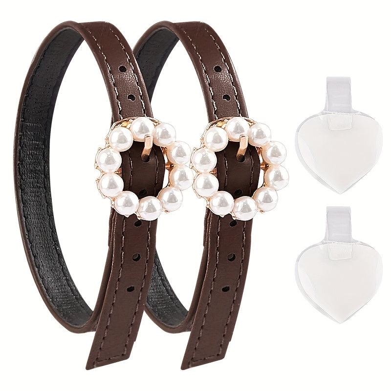 4pcs Elegant Faux Pearl Buckle Shoelaces for High Heels - Adjustable Elastic Straps, Secure Ankle Wrap, Prevents Slipping, Available in Matte Black, Mirror Black, Suede Black, and More