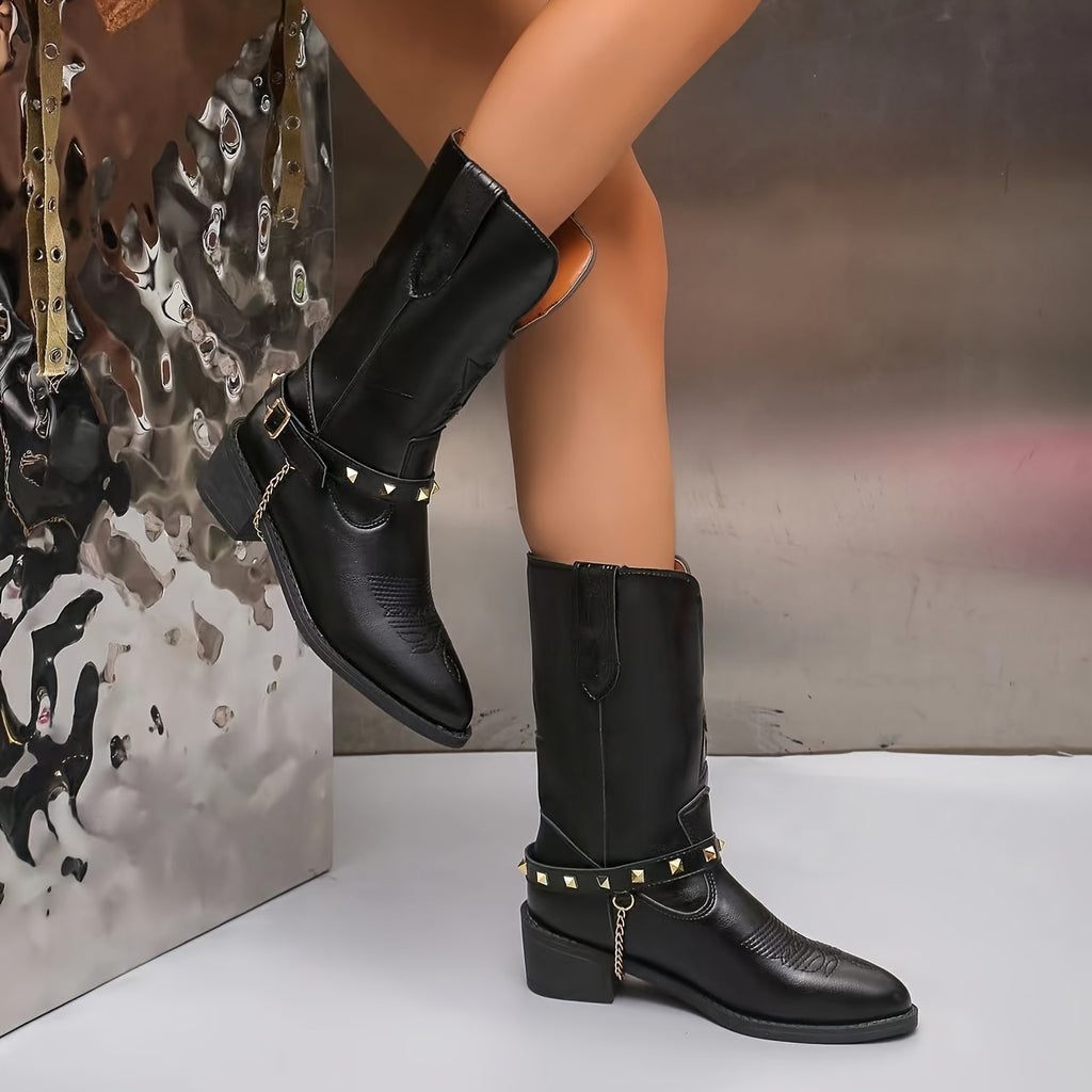 Autumn And Winter Embroidery Willow Studs Metallic Brown Boots Women's Pointed Toe Block Heel Western Boots V-belt Embellished Booties Dirty Boots