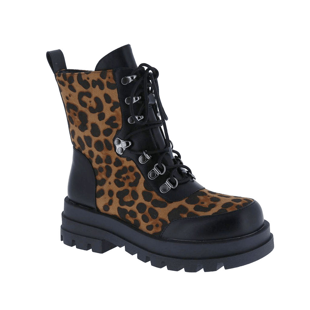 Statement-Making Leopard Combat Platform Boots for Women – Lace-Up & Side Zipper for Effortless Style