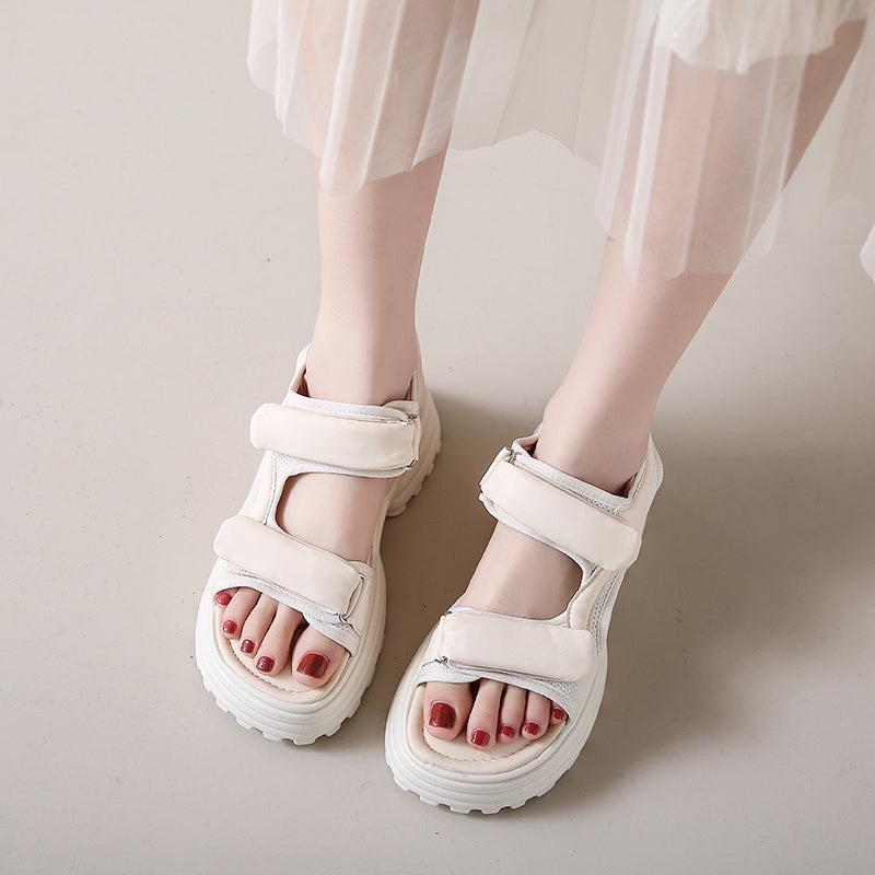 Women'S Retro Style Summer Sandals - Soft PU Cover Open-Toe Flat Slippers with Thick Cushioned Sole, White & Beige Straps, Breathable Fabric Lining for Indoor\u002FOutdoor Casual Wear, Ladies Sandals