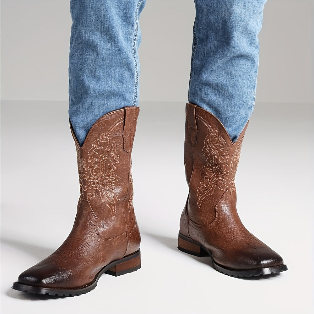 Outdoor Adventures Men's Vintage Western Cowboy Boots, Embroidered Faux Short Barrel, Square Toe Slip-On Business Shoes, All-Season Outdoor Footwear with Rubber Sole and Fabric Insole