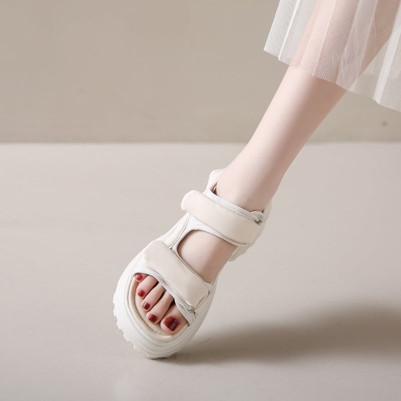 Women'S Retro Style Summer Sandals - Soft PU Cover Open-Toe Flat Slippers with Thick Cushioned Sole, White & Beige Straps, Breathable Fabric Lining for Indoor\u002FOutdoor Casual Wear, Ladies Sandals