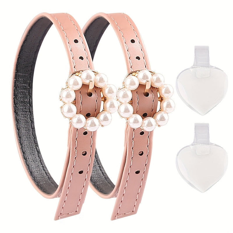 4pcs Elegant Faux Pearl Buckle Shoelaces for High Heels - Adjustable Elastic Straps, Secure Ankle Wrap, Prevents Slipping, Available in Matte Black, Mirror Black, Suede Black, and More