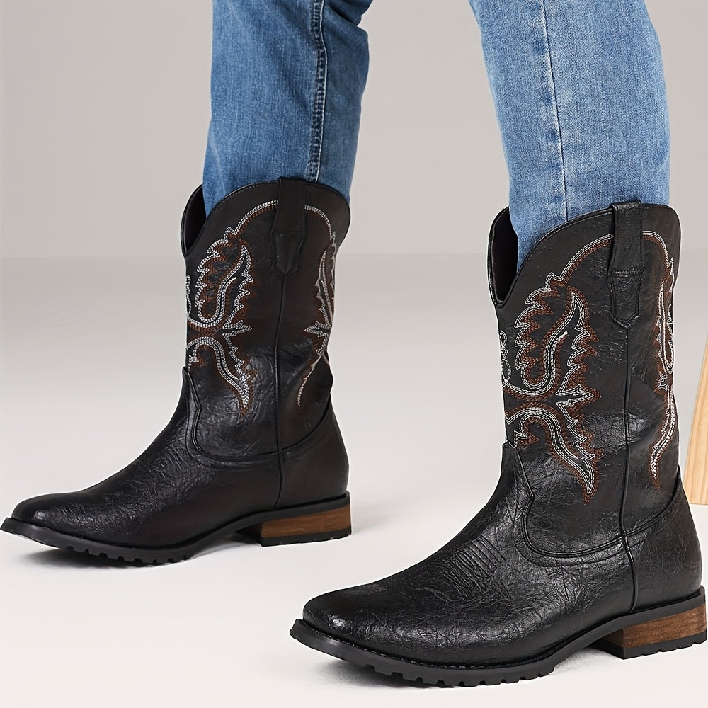 Outdoor Adventures Men's Vintage Western Cowboy Boots, Embroidered Faux Short Barrel, Square Toe Slip-On Business Shoes, All-Season Outdoor Footwear with Rubber Sole and Fabric Insole