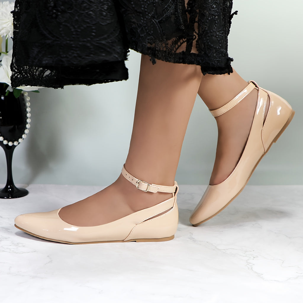 GLAZE Women's Ballet Flats with Low Wedge Heel & Ankle Strap - Pointed Toe Comfortable Casual Shoes, Glossy PU Cover for Weddings, Campus Events & Parties, Ballet Shoes, Durable Md Sole