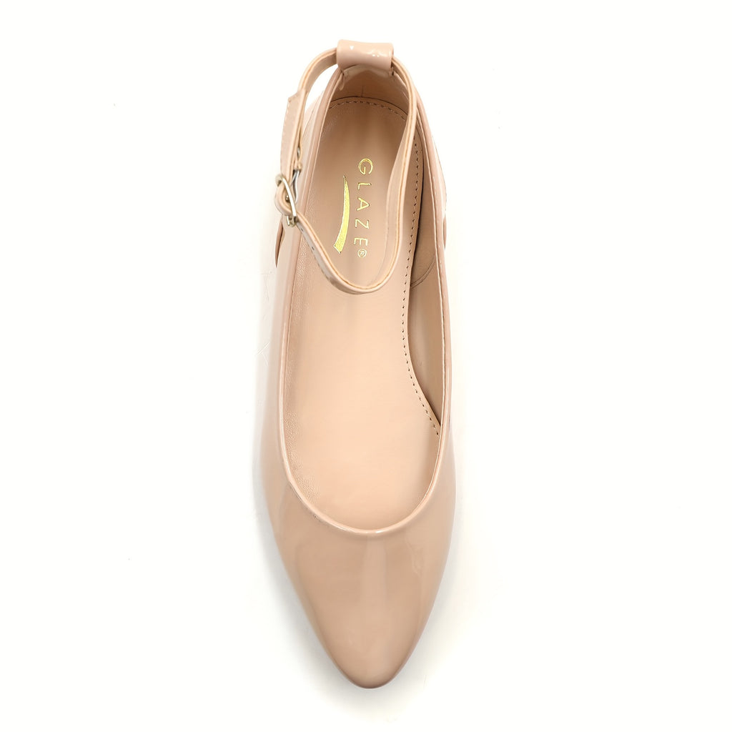 GLAZE Women's Ballet Flats with Low Wedge Heel & Ankle Strap - Pointed Toe Comfortable Casual Shoes, Glossy PU Cover for Weddings, Campus Events & Parties, Ballet Shoes, Durable Md Sole