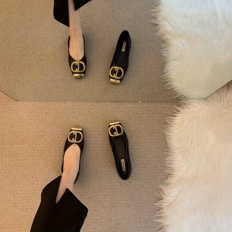 Women'S Korean Style Loafers - Soft Fabric Upper & Rubber Sole, Metallic 'C' Buckle Closure, All-Season Comfort Flat Shoes for Casual & Formal Wear, Versatile Flat Shoes | Korean Fashion Shoes | Durable Traction Footwear, Ladies Shoes