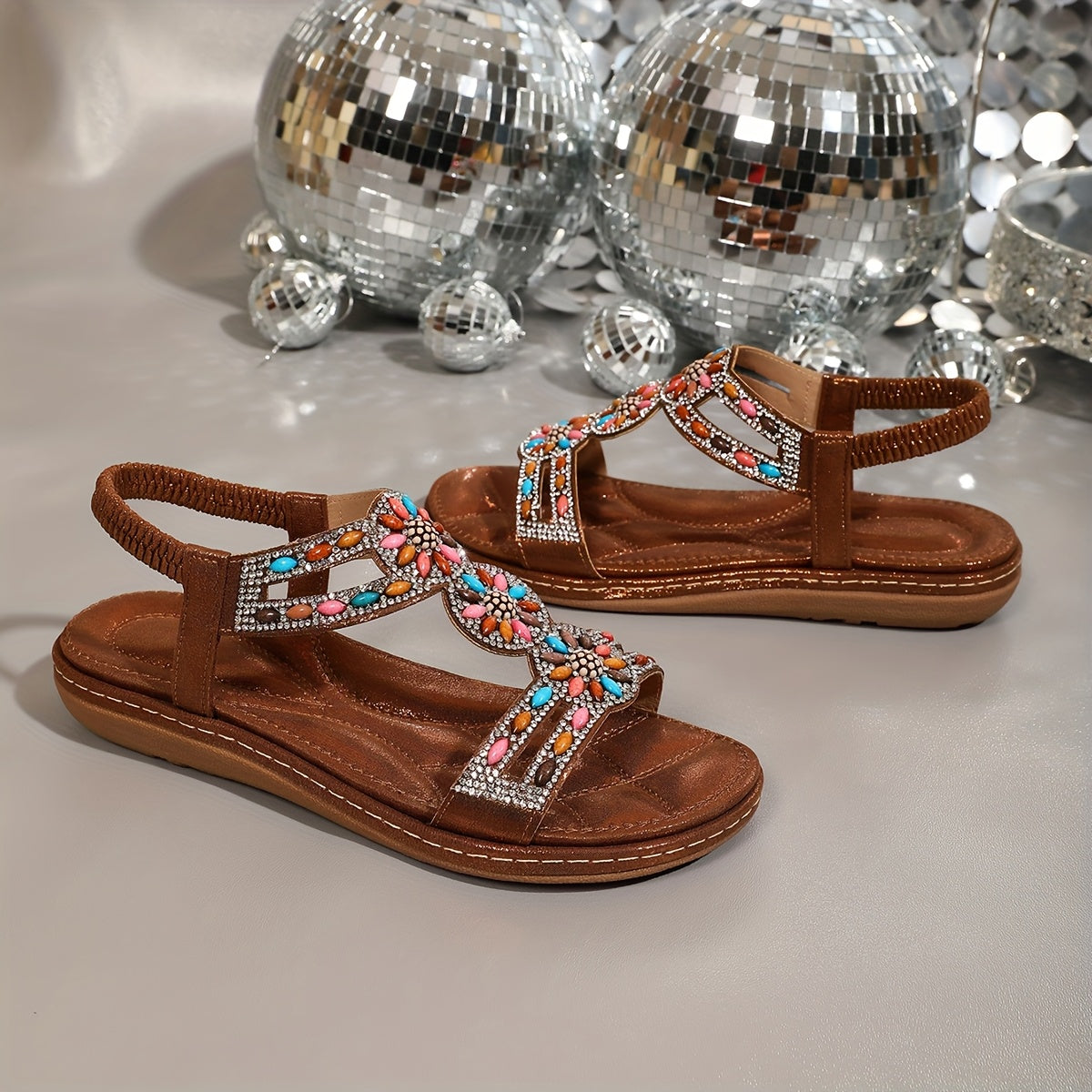 Oversized Ethnic Storm, Simia Retro Bead Elastic Band, Rhinestone Flat Bottom Soft Soled Sandals For Women