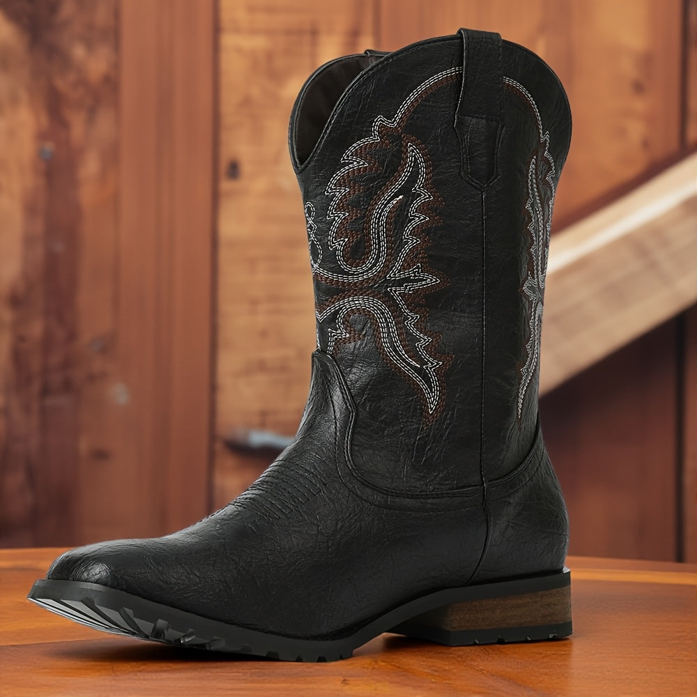 Outdoor Adventures Men's Vintage Western Cowboy Boots, Embroidered Faux Short Barrel, Square Toe Slip-On Business Shoes, All-Season Outdoor Footwear with Rubber Sole and Fabric Insole