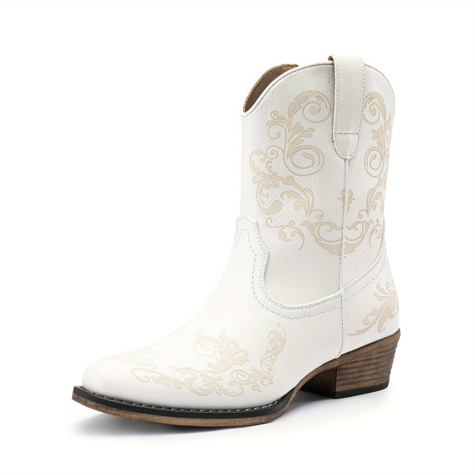 Women'S Cowboy Cowgirl Western Ankle Boots Low Chunky Heels Square Toe Fall Short Booties Shoes Pointed toe Cowgirl Boots Women, Western Embroidered Low High Wide Calf Chunky Pull on Boot for Girls with Inside Zipper