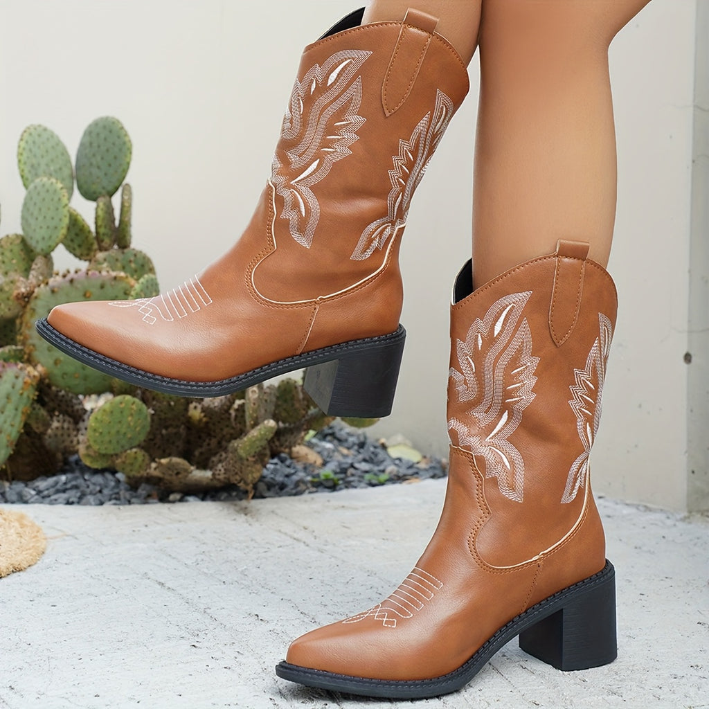 Women's Slip-On Knee-High Boots with Thick 0.39inch Platform Heel - Pointed Toe, Cushioned PU Insole - Western Cowboy Boot Style - Brown - Plus Size Available - for Everyday & Formal Events, Floral Embroidery Design, Durable PVC Sole