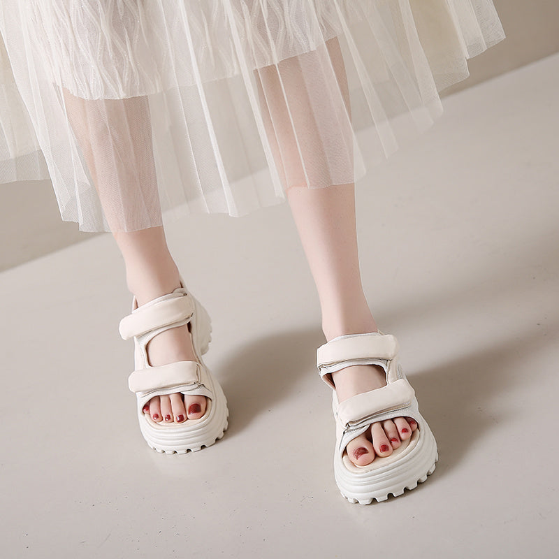 Women'S Retro Style Summer Sandals - Soft PU Cover Open-Toe Flat Slippers with Thick Cushioned Sole, White & Beige Straps, Breathable Fabric Lining for Indoor\u002FOutdoor Casual Wear, Ladies Sandals