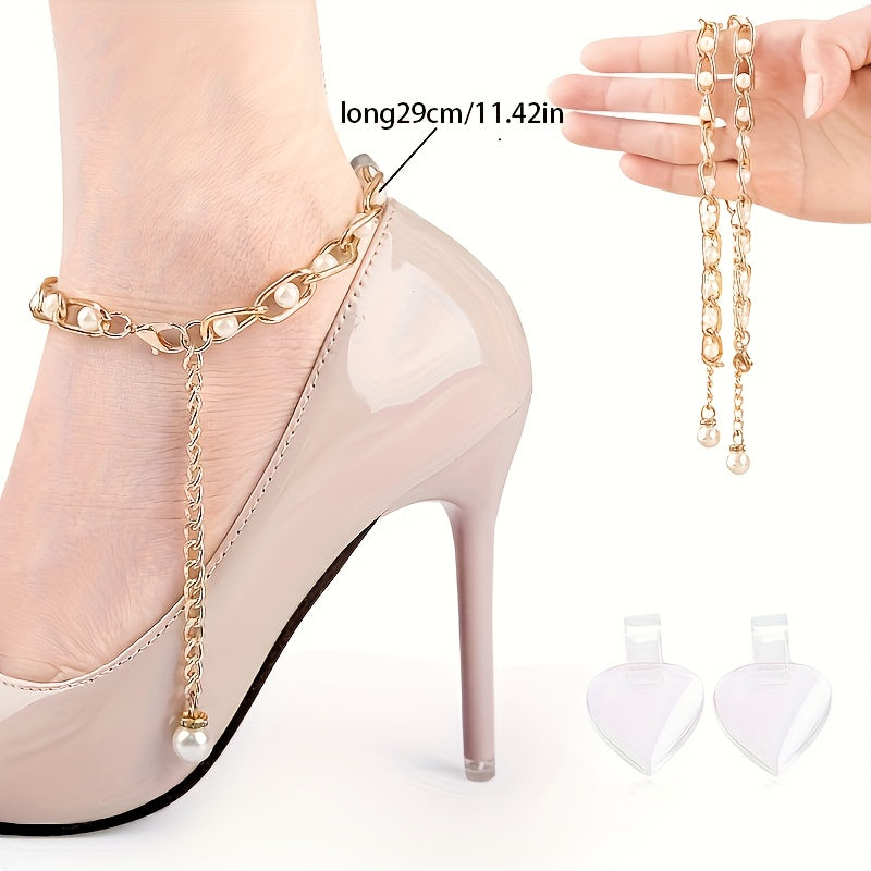 2pcs Faux Pearl Artificial Diamond Chain Shoelaces - Anti-slip Heel Straps - For Women -  For High Heels -  Elevate Your Shoe Style - Perfect Gift for Fashionistas