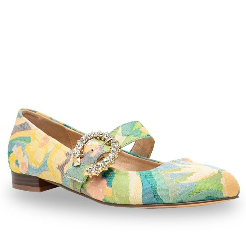 Women's print mary jane flats – crystal buckle embellished shoes – round toe low heel shoes – vintage inspired dress flats – women's fashion footwear – comfortable spring shoes - Floral, Art Deco