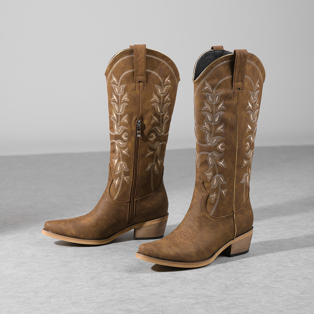 Women's Western Embroidered Cowboy Boots - Pointed Toe, Chunky Heel, Side Zipper, Mid-Calf Riding Boots with Floral Patterns, Green Faux Cover, Perfect for Casual Outfits and Country Style, Cowgirl Boots