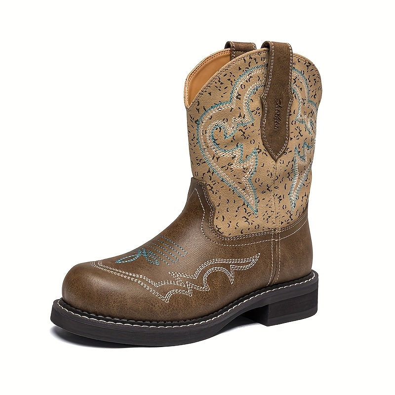 New British Style Retro Versatile Embroidered Western Short Boots For Women, Round Headed Flat Bottomed Short Boots