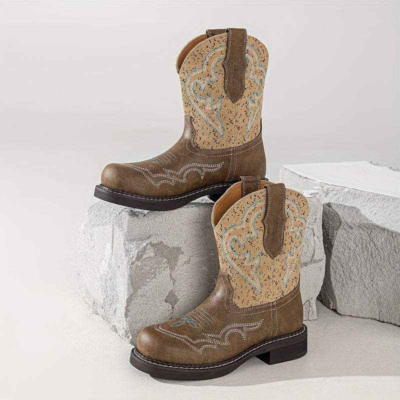 New British Style Retro Versatile Embroidered Western Short Boots For Women, Round Headed Flat Bottomed Short Boots