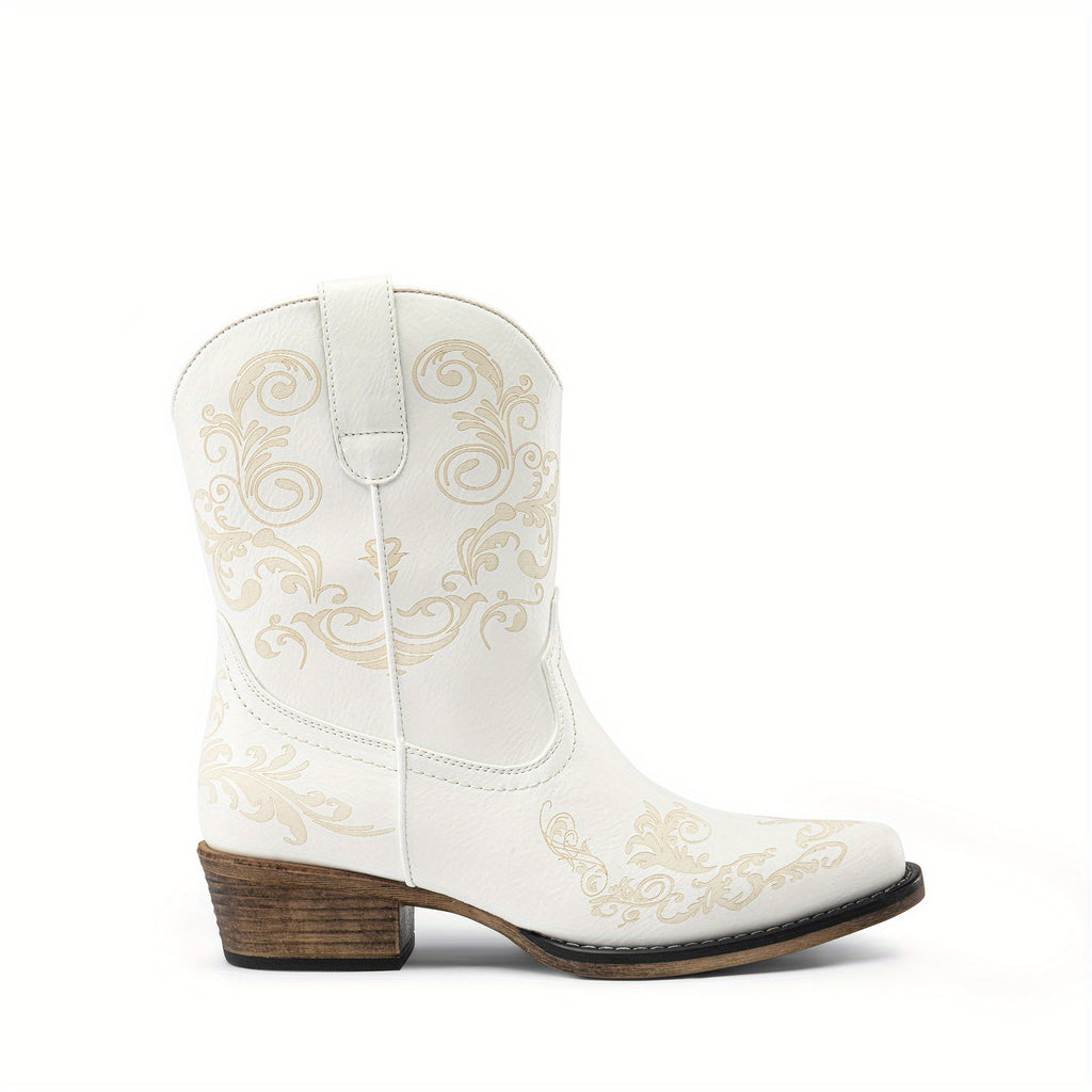 Women'S Cowboy Cowgirl Western Ankle Boots Low Chunky Heels Square Toe Fall Short Booties Shoes Pointed toe Cowgirl Boots Women, Western Embroidered Low High Wide Calf Chunky Pull on Boot for Girls with Inside Zipper