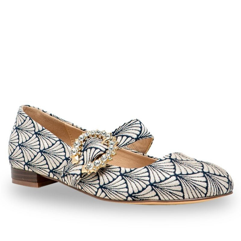 Women's print mary jane flats – crystal buckle embellished shoes – round toe low heel shoes – vintage inspired dress flats – women's fashion footwear – comfortable spring shoes - Floral, Art Deco