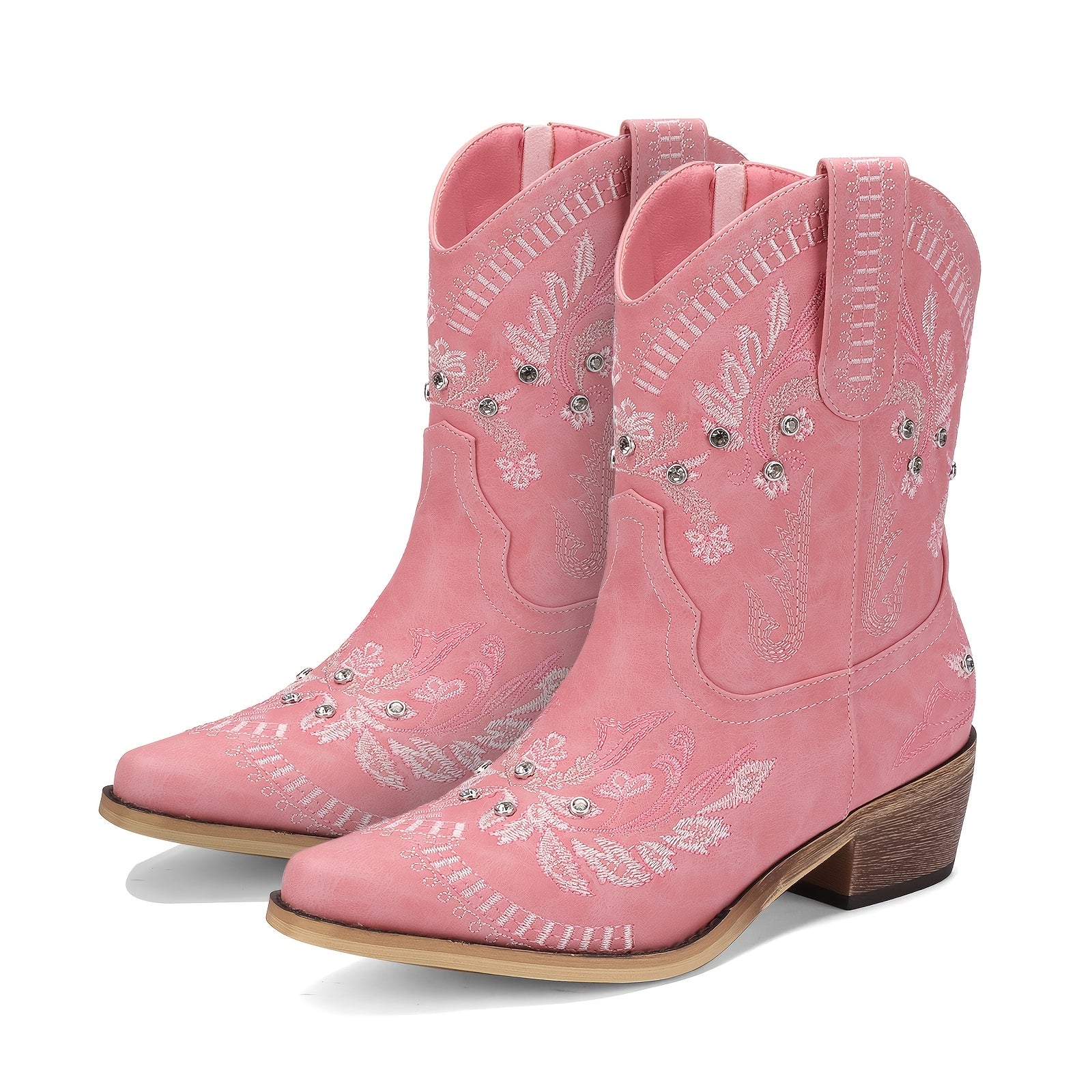 Women's Embroidered Mid-Calf Cowboy Boots with Rhinestones, Square Toe, and Chunky Low Heel - Comfortable Pull-On Western Ankle Boots for Casual Parties