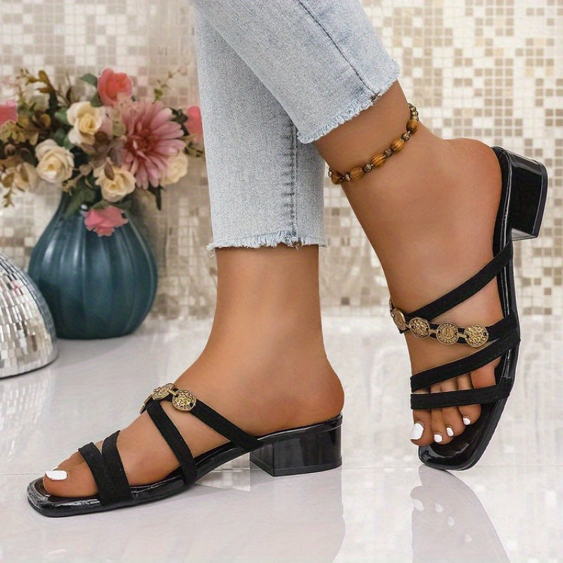 French Retro Roman Style Women's Slip-On Open-Toe Sandals - Black Synthetic Cover with Golden-Tone Metal Buckle, Low Heel for Summer Beach Vacation & Outdoor Comfort