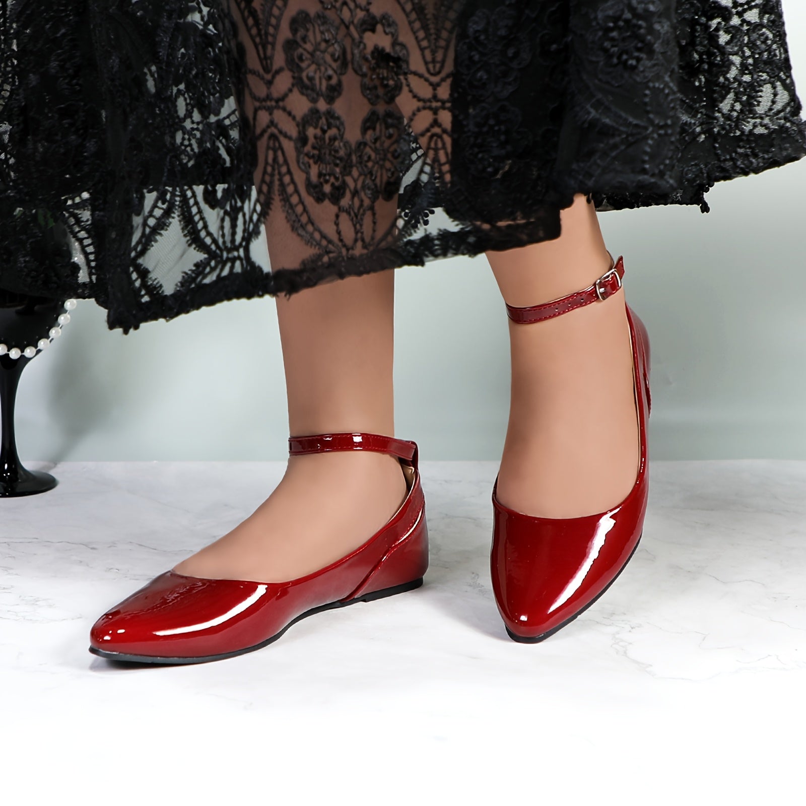 GLAZE Women's Ballet Flats with Low Wedge Heel & Ankle Strap - Pointed Toe Comfortable Casual Shoes, Glossy PU Cover for Weddings, Campus Events & Parties, Ballet Shoes, Durable Md Sole