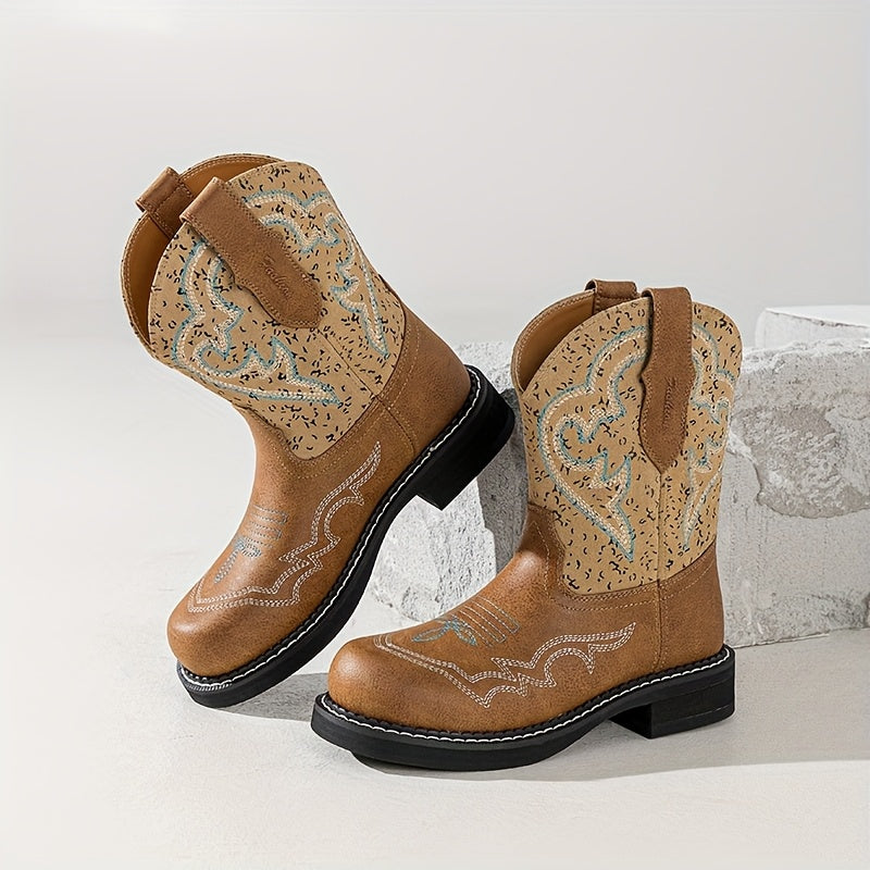 New British Style Retro Versatile Embroidered Western Short Boots For Women, Round Headed Flat Bottomed Short Boots