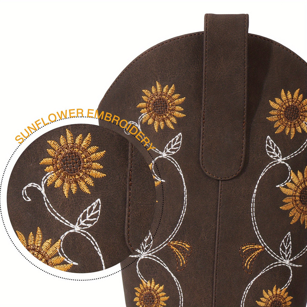 Cowboy Boots for Women- Mid Calf Western Sunflower Cowgirl Boots with Floral Embroidery, Square Toe Stitched Pull On Retro Design, Perfect for Country Idyll, Concerts and More, brown