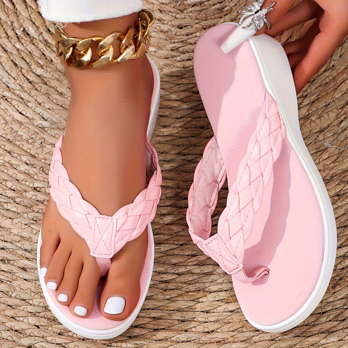 Women'S Chic Woven Espadrille Flip-Flops - Retro Style, Comfortable Slip-On Thick Sole Sandals with PU Cover, Hand Washable - Stylish Summer Beach Shoes, Beach Shoes