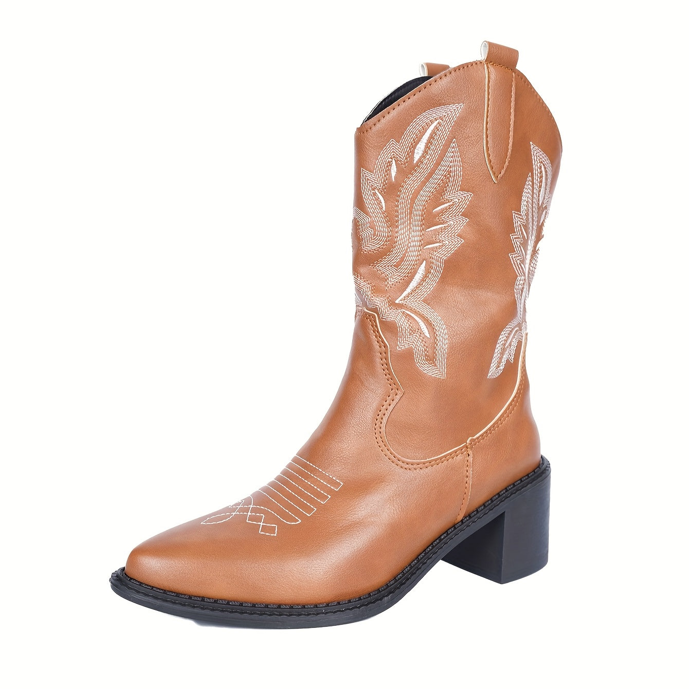 Women's Slip-On Knee-High Boots with Thick 0.39inch Platform Heel - Pointed Toe, Cushioned PU Insole - Western Cowboy Boot Style - Brown - Plus Size Available - for Everyday & Formal Events, Floral Embroidery Design, Durable PVC Sole
