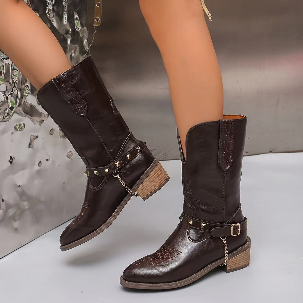 Autumn And Winter Embroidery Willow Studs Metallic Brown Boots Women's Pointed Toe Block Heel Western Boots V-belt Embellished Booties Dirty Boots