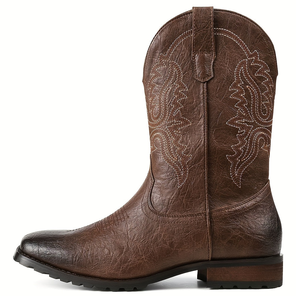 Outdoor Adventures Men's Vintage Western Cowboy Boots, Embroidered Faux Short Barrel, Square Toe Slip-On Business Shoes, All-Season Outdoor Footwear with Rubber Sole and Fabric Insole