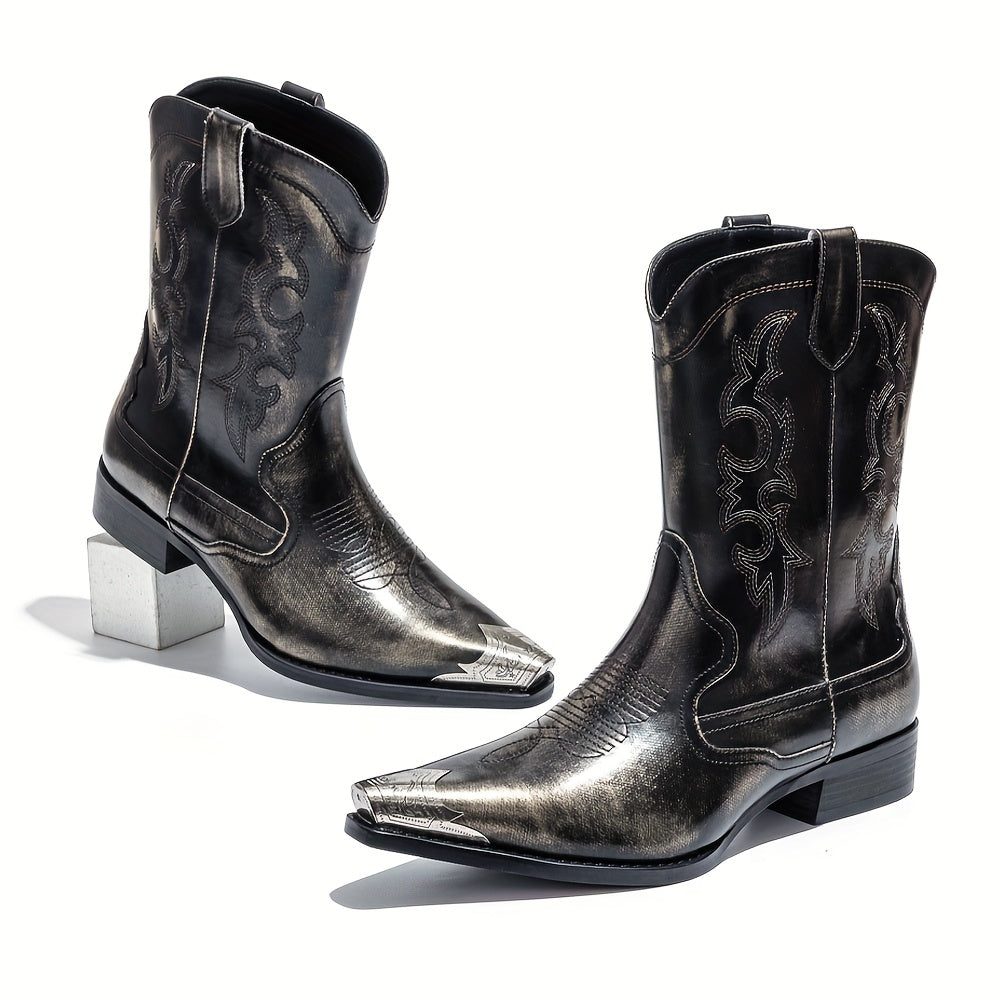 Men's Retro Western Cowboy Boots with Embroidery & Metal Accents - Slip-On Long Boots, Pointed Toe Rubber Sole for All-Season Outdoor, Streetwear & Party Wear, Cowboy Accessories, Outdoor Footwear, Embossed Boot Design, Durable Construction, Casual Wear