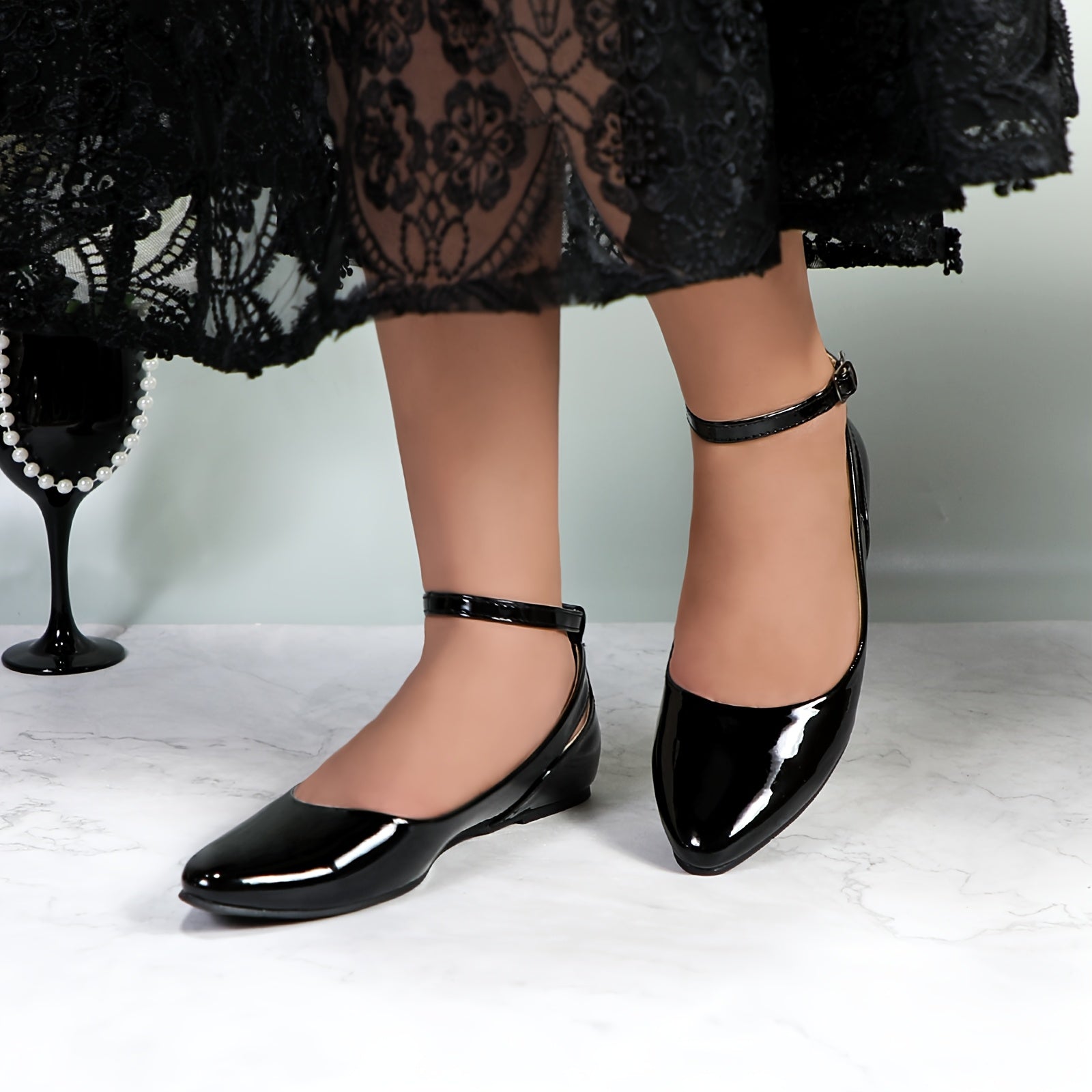 GLAZE Women's Ballet Flats with Low Wedge Heel & Ankle Strap - Pointed Toe Comfortable Casual Shoes, Glossy PU Cover for Weddings, Campus Events & Parties, Ballet Shoes, Durable Md Sole