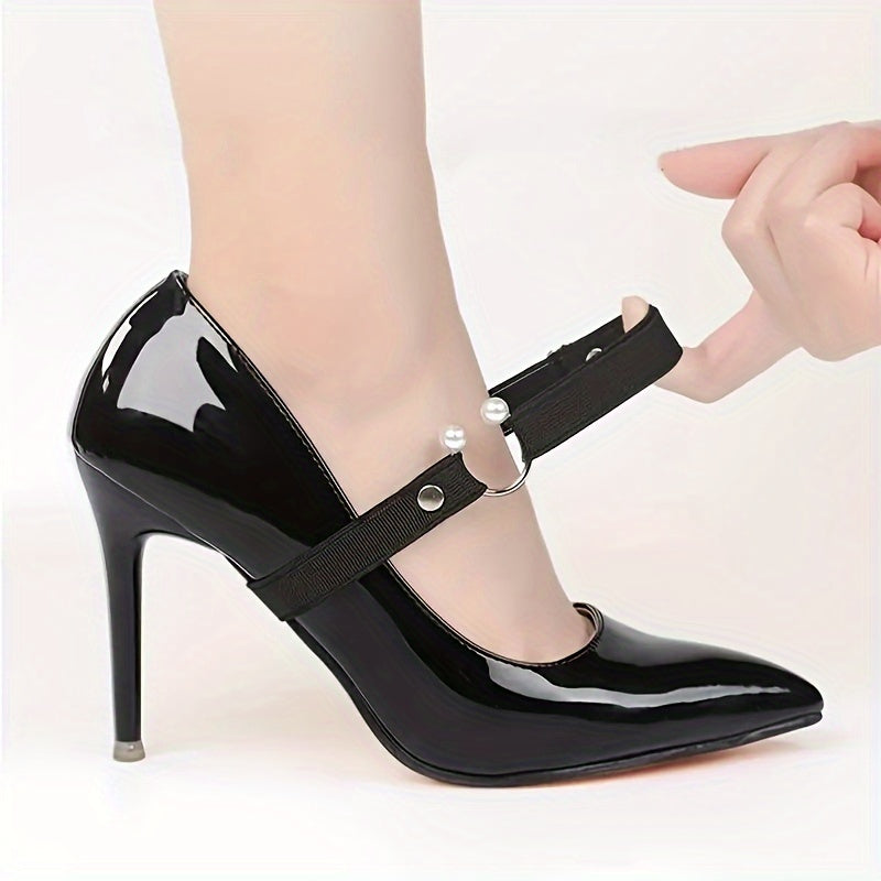 2pcs Adjustable High Heel Shoe Straps with Pearl & Rhinestone Accents - Elastic Ankle Tie Bands in Red, Black, and Pink for Secure, Stylish Fit, Shoe Accessories